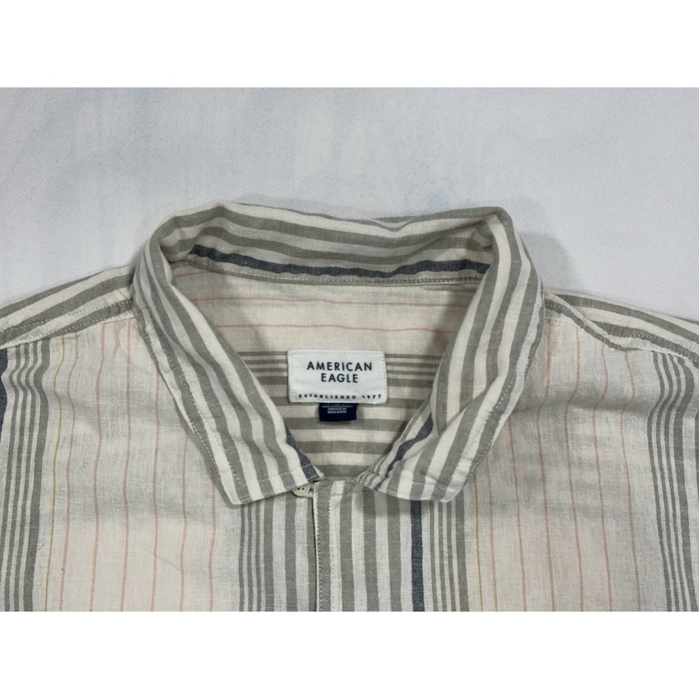 American Eagle Mens Linen Cotton Blend XL Striped Short Sleeve Button Camp Shirt - Picture 4 of 8